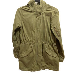 Gap kids zip up green cargo jacket with hood.